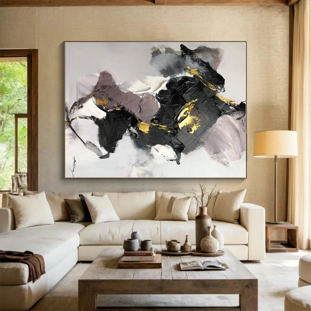 Modern Art Acrylic Black Gold Gray Abstract Textured Art for House PT476