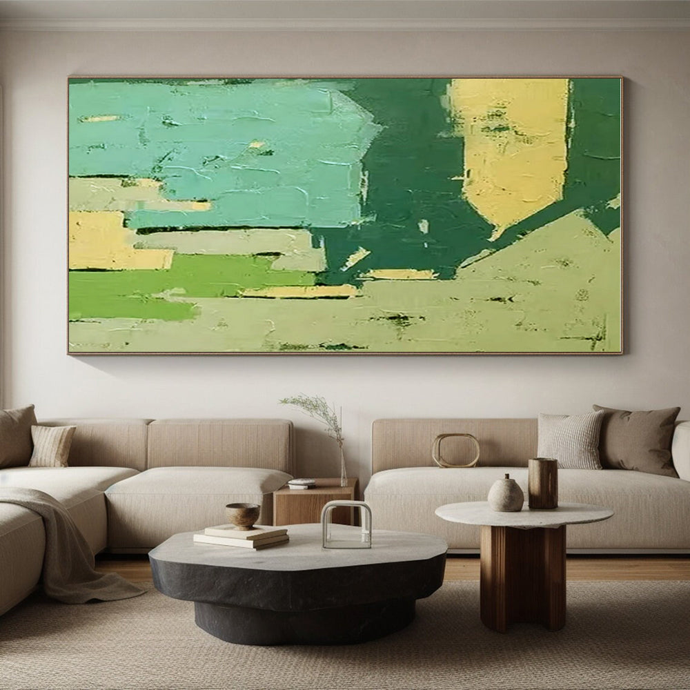 Handmade Art Green, Teal, and Beige Geometric Abstract Art PT799