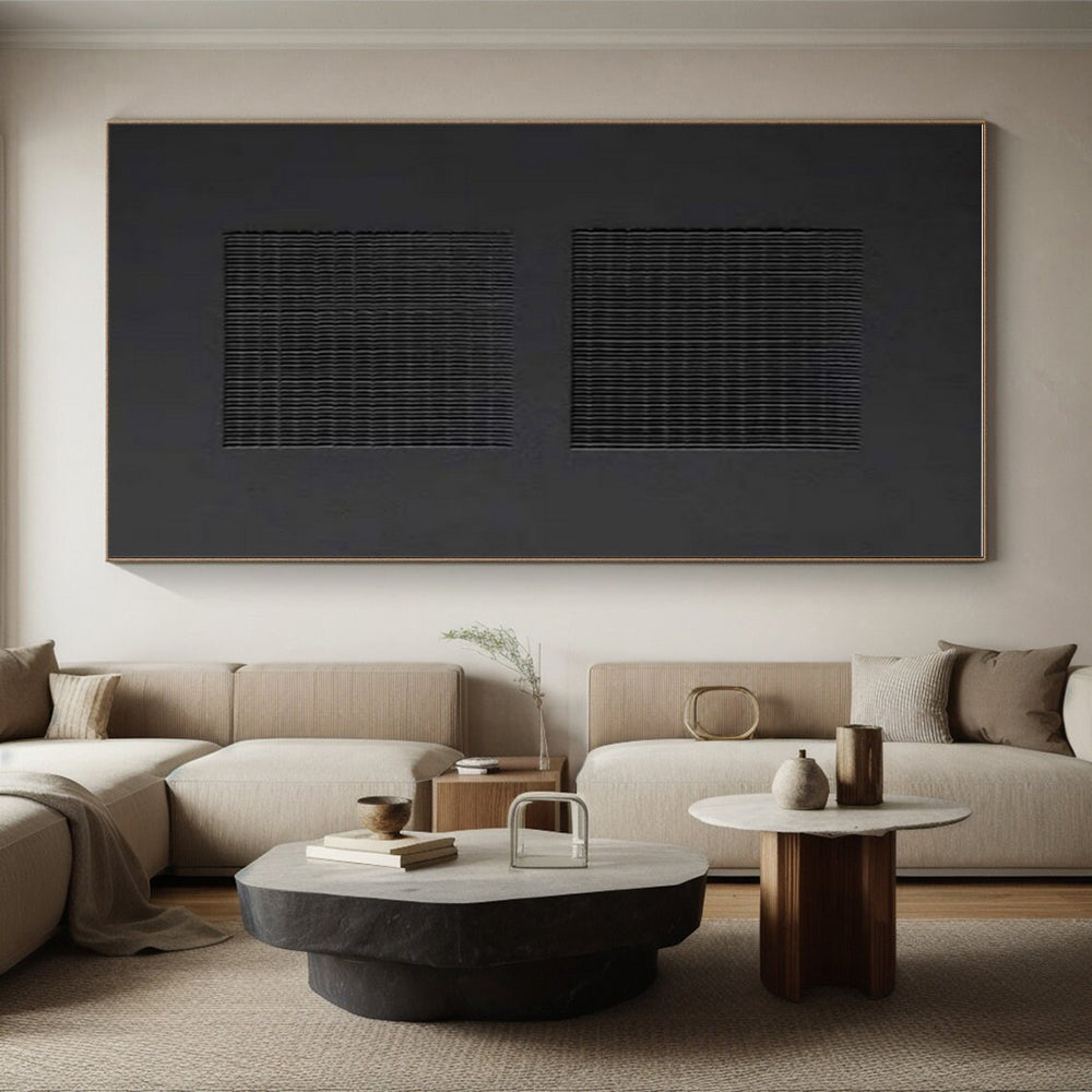 Minimalist Canvas Art in Black and Gray Grid Design, Hand Painted Art PT330