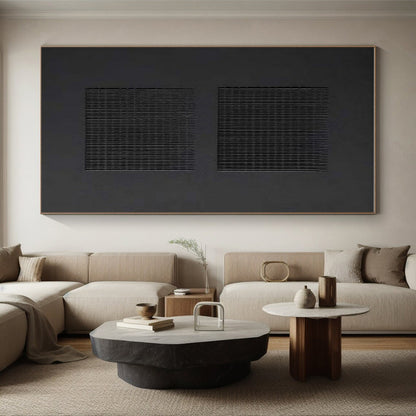 Minimalist Canvas Art in Black and Gray Grid Design, Hand Painted Art PT330