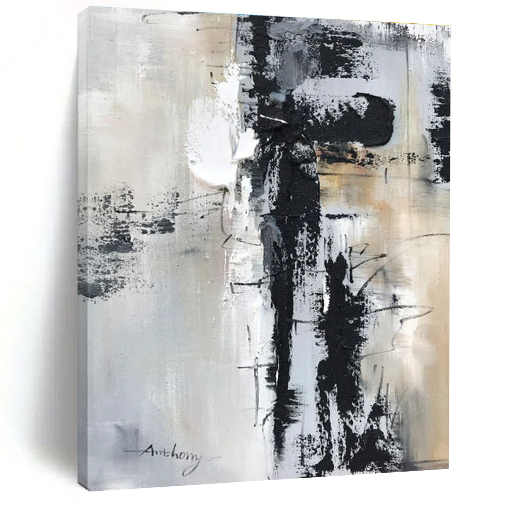 Large Contemporary Wall Art Black White Gray Abstract Textured Acrylic Art PT469