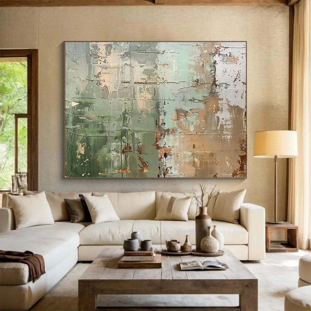 Modern Art Acrylic Green & Beige Abstract Textured Art HPS214