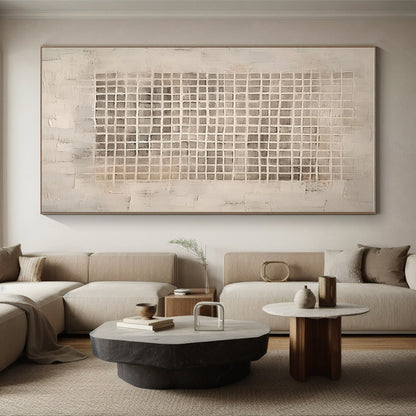 Minimalist Canvas Art in Beige and Gray Grid Pattern, Handmade Art PT299