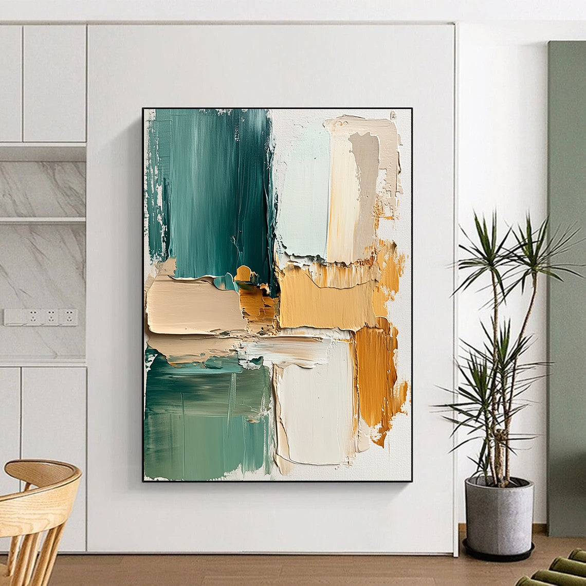 Big Abstract Painting On Canvas, Teal Beige Orange Abstract Textured Art On Canvas PT173