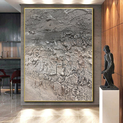 Huge Size Gray Textured Abstract Art with Cracked Details, Handmade Art Piece PT302