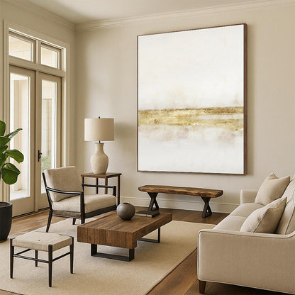 Hand-Painted White & Gold Textured Minimalist Abstract Painting On Canvas PT091