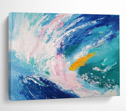 Paintings For House Blue, Pink, White & Yellow Abstract Coastal Painting With Fish HPS289