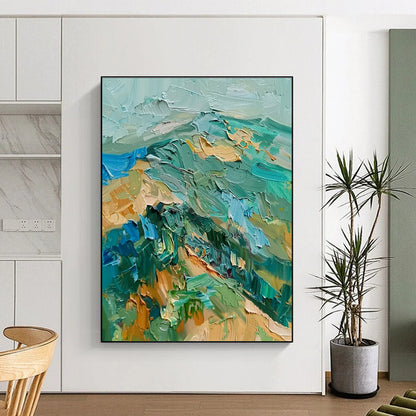 Handmade Art Teal, Green, and Beige Textured Landscape Abstract Art PT790