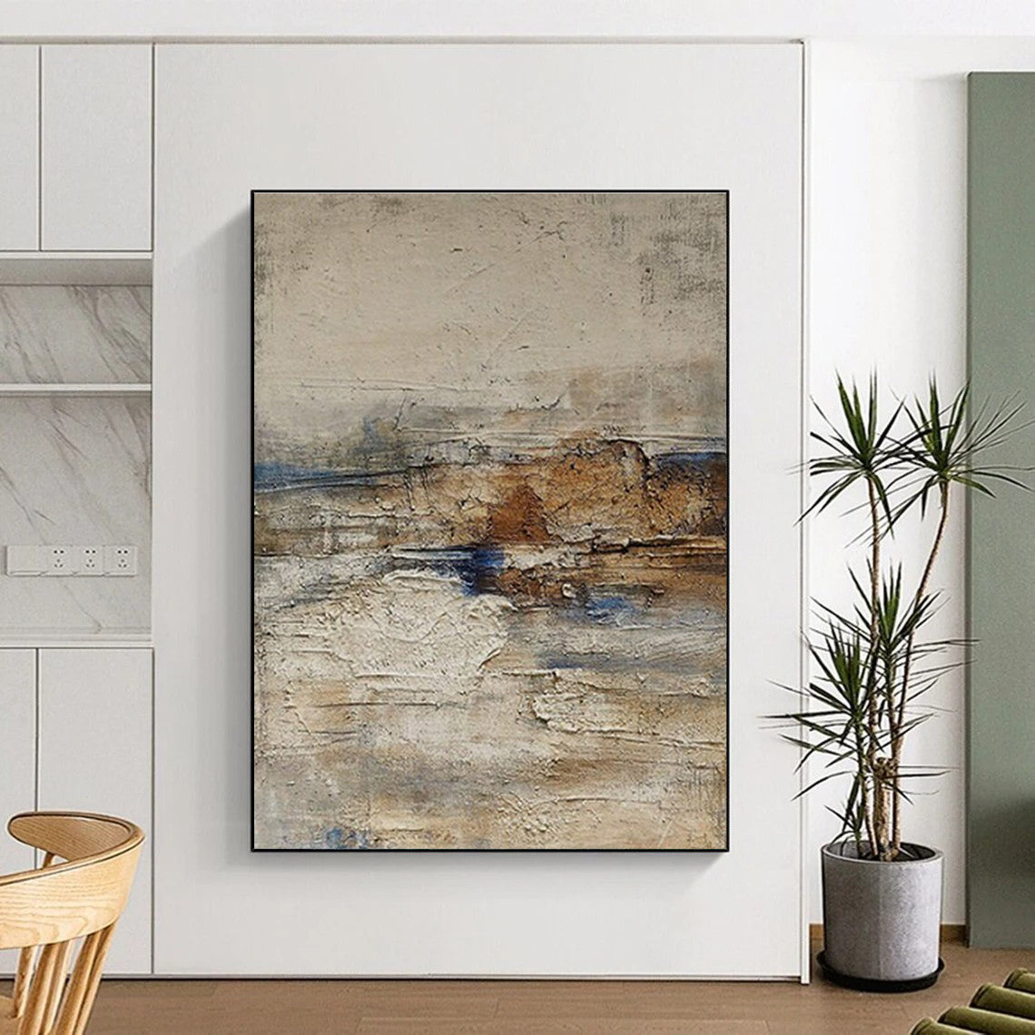 Cool Abstract Paintings Beige and Blue Textured Abstract Art PT630
