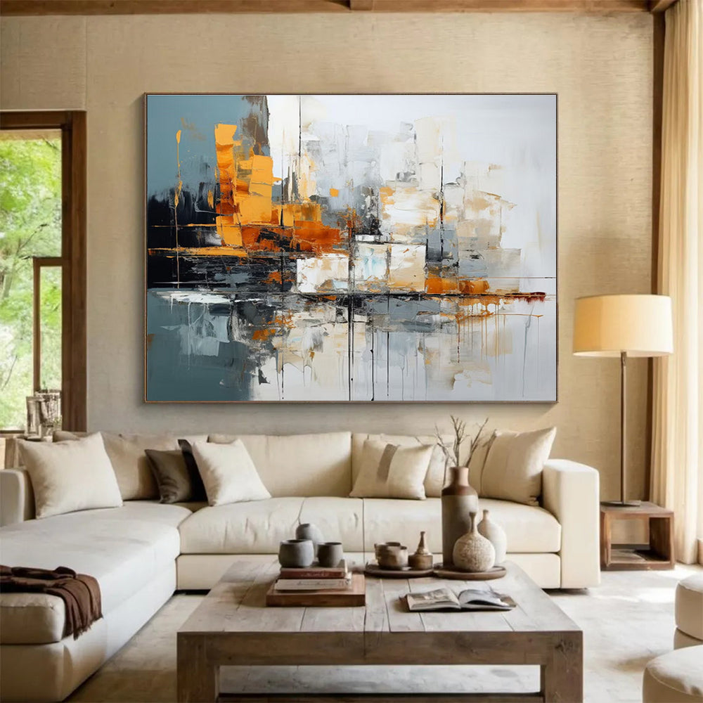 Large Size Orange, Gray & White Abstract Urban Landscape Art HPS164