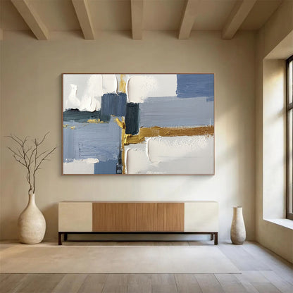 Large Size Blue, Gray, and Gold Textured Abstract Geometric Art HPS354