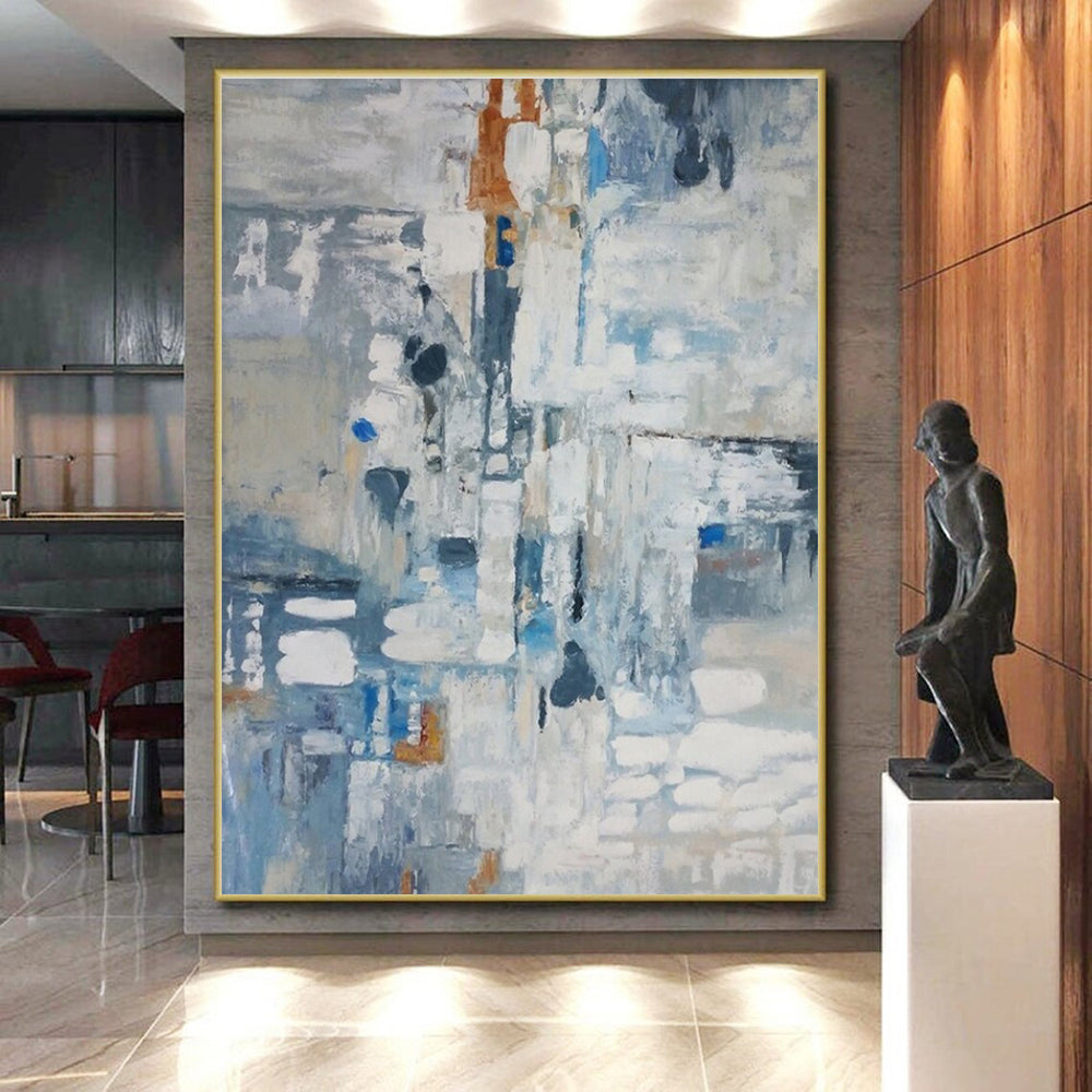 Large Size Blue, Gray, and White Abstract Painting with Fluid Forms, Large Painting In Living Room PT207