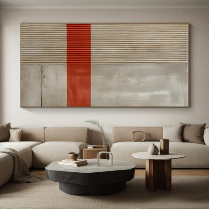 Minimalist Canvas Art with Beige, Gray, and Red Geometric Lines, Handmade Art PT203