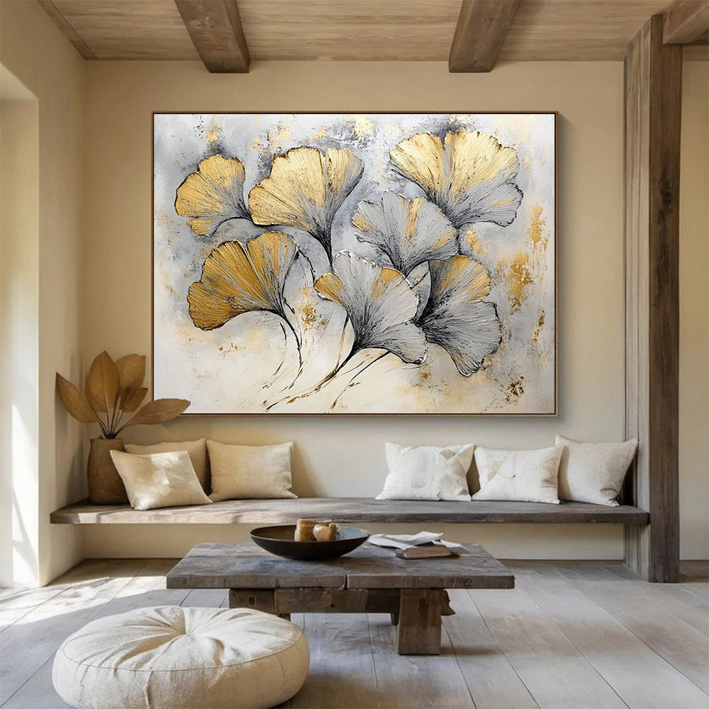 Huge Size Gold and Gray Ginkgo Leaves Textured Abstract Painting HPS303
