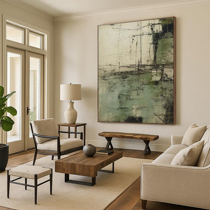 Oversized Abstract Wall Art Green Beige Textured Urban Abstract Art PT336