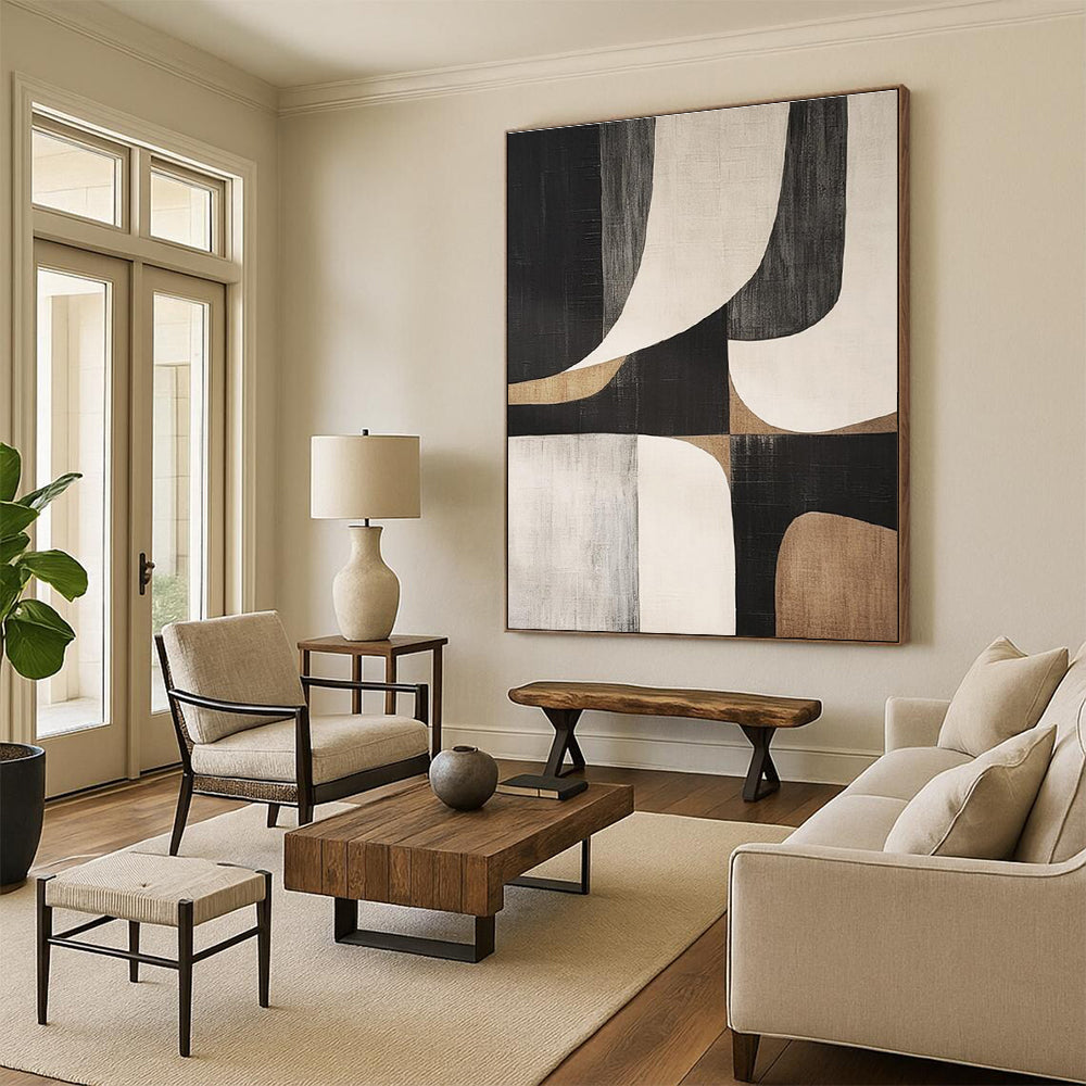 Modern Art Acrylic Black, Beige, and Gray Geometric Abstract Art PT764