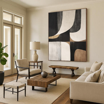 Modern Art Acrylic Black, Beige, and Gray Geometric Abstract Art PT764