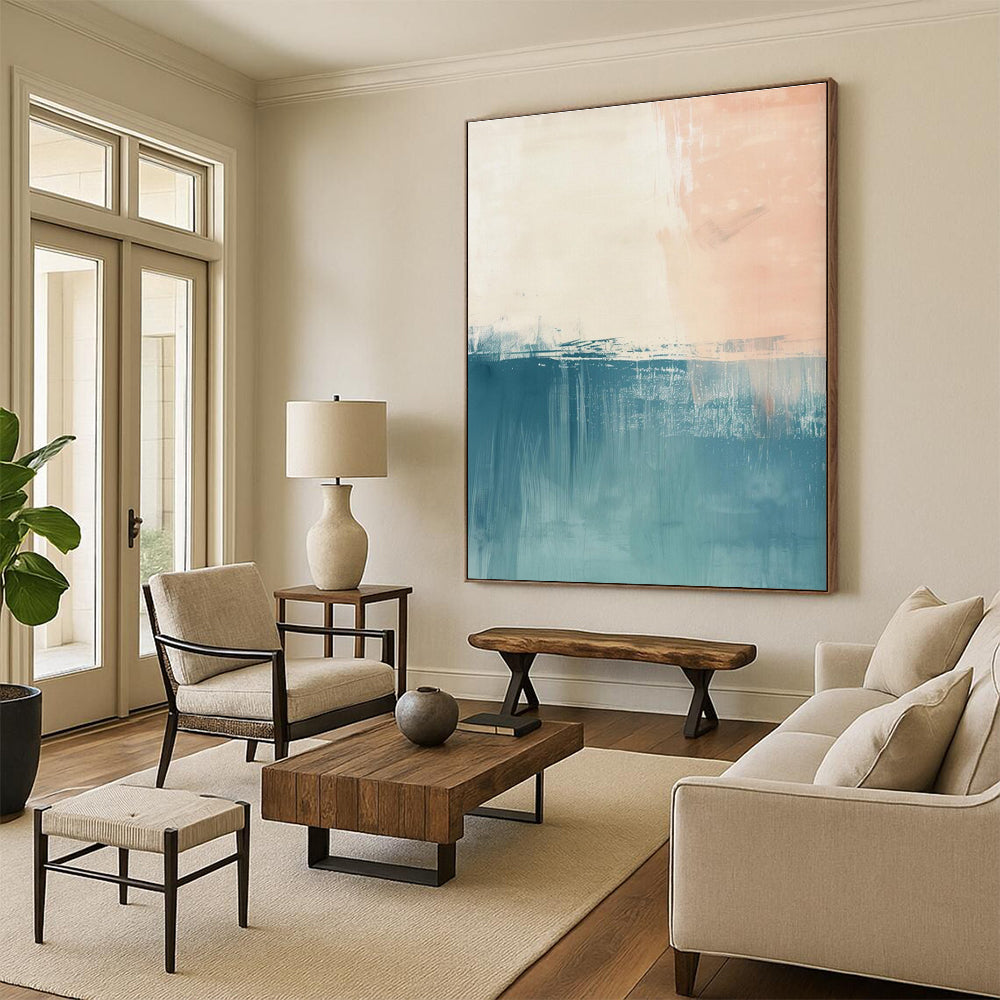 Hand-Painted Teal, Beige, and White Textured Abstract Art PT766