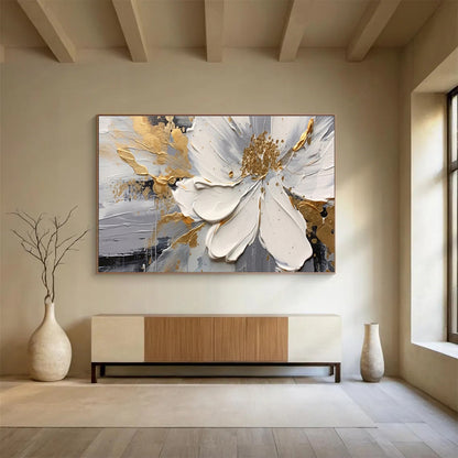 Large Size White, Gray, and Gold Textured Abstract Floral Art HPS394