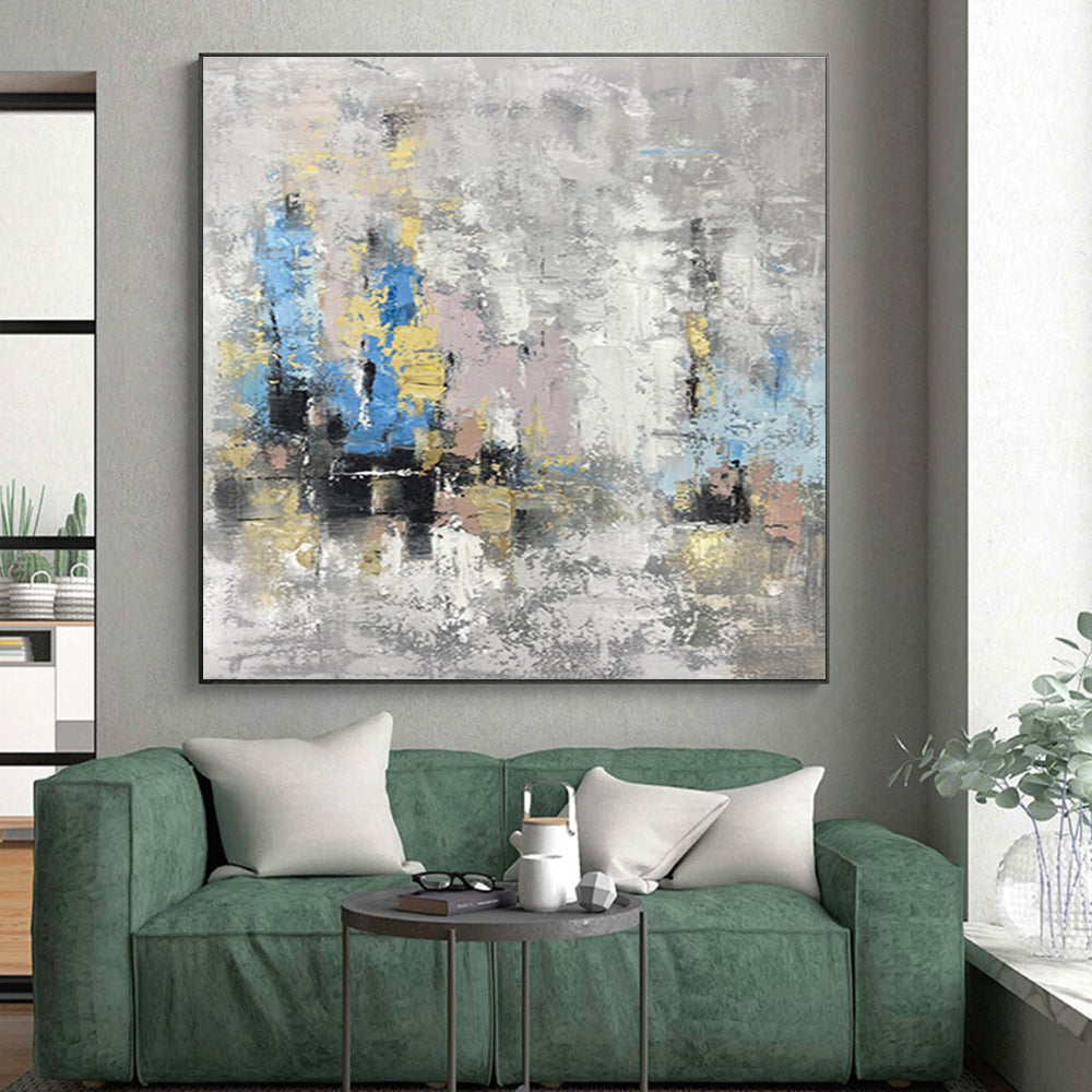 Hand Painted Art in Grey, Blue, Yellow, Pink, and Gold Abstract Textural Layers PT244