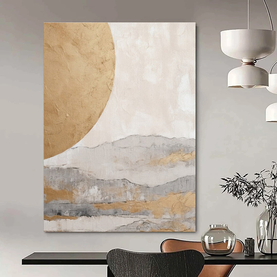 Hand-Painted Beige & Gray Abstract Landscape with Golden Circle, Acrylic Modern Art Painting DPS486