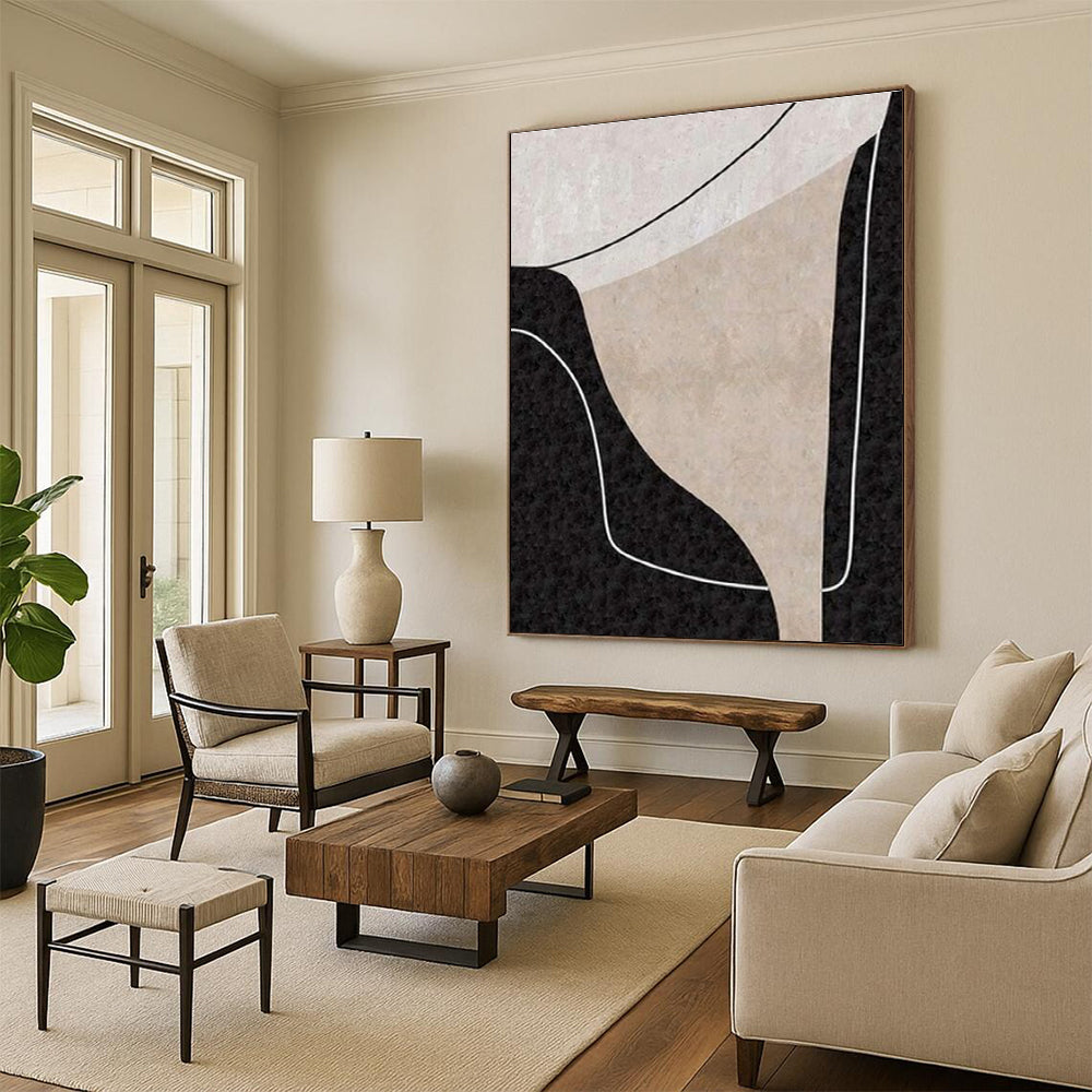 Hand-Painted Black, Beige, and White Geometric Abstract Art PT682