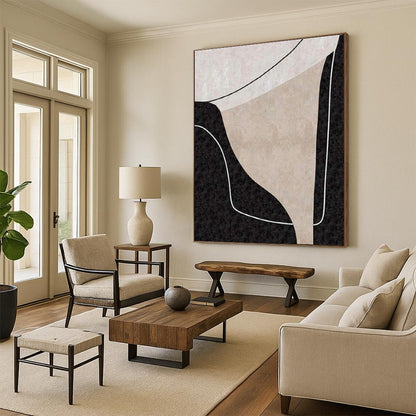 Hand-Painted Black, Beige, and White Geometric Abstract Art PT682