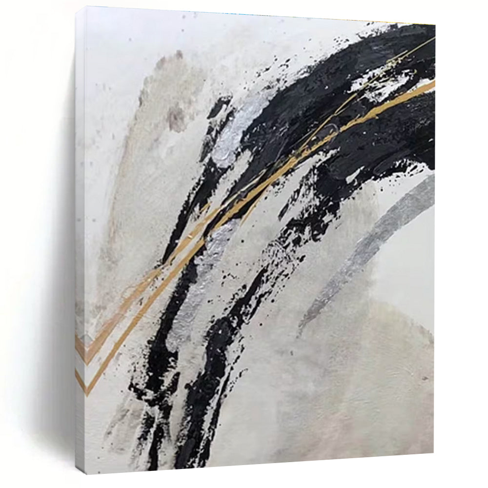 Unique Abstract Art in Black, White, Gold, and Silver Abstract Brushstrokes PT245