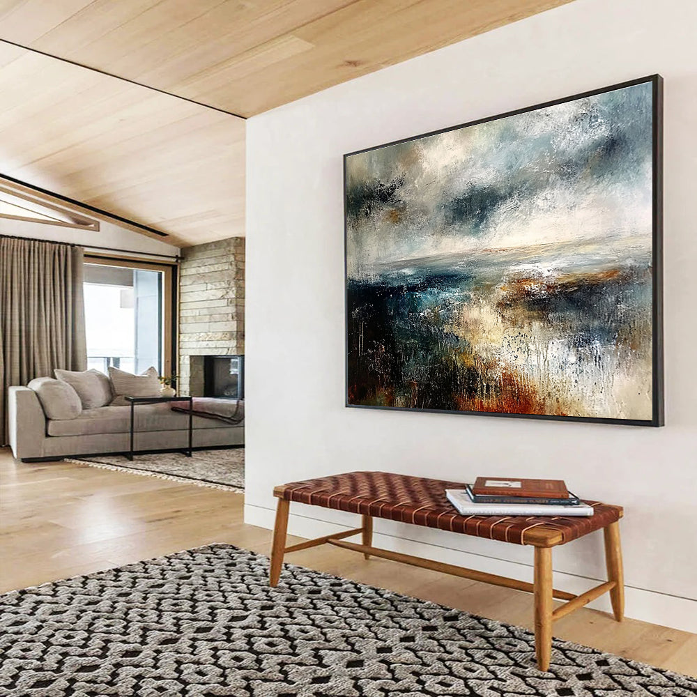 Large Contemporary Wall Art Multicolor (Blue, Gray, Brown, White) Textured Landscape Abstract Painting HPS279