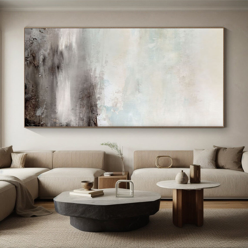 Big Painting in Beige, Grey, and Brown Abstract Misty Landscape Art PT238