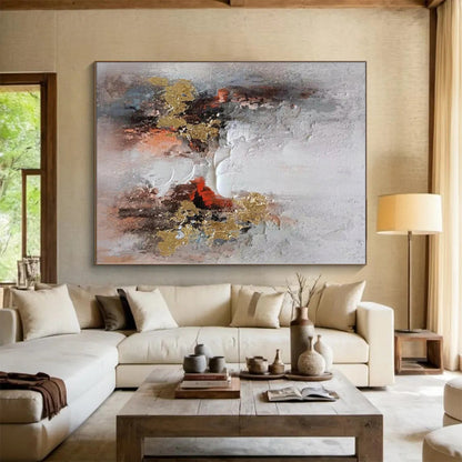 Hand-Painted Gray, Red & Gold Textured Abstract Painting On Canvas PT031
