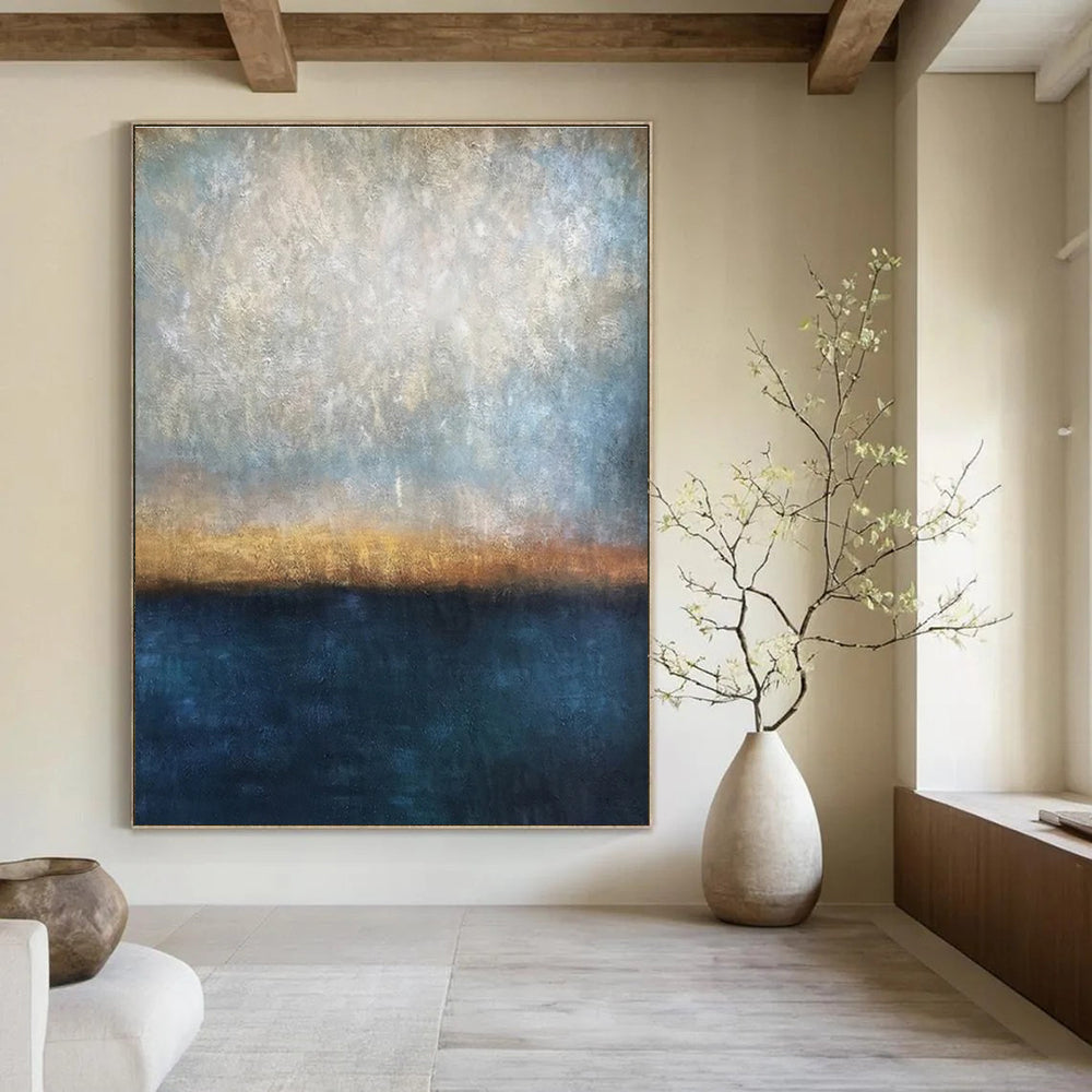 Large Size Blue, Beige & Orange Abstract Sunset Over Water, Modern Art Acrylic DPS503