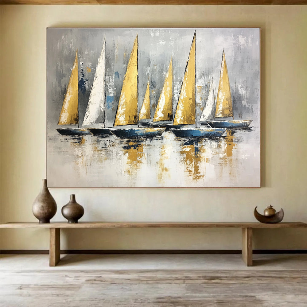 Huge Size Gold, White, and Gray Sailboat Fleet Abstract Nautical Art HPS323