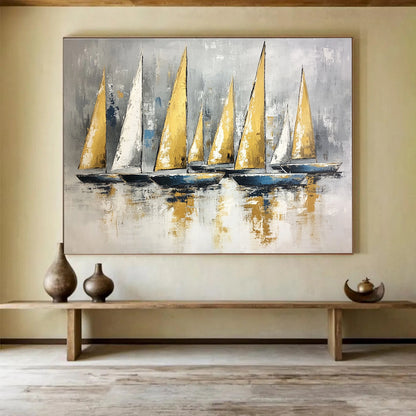 Huge Size Gold, White, and Gray Sailboat Fleet Abstract Nautical Art HPS323