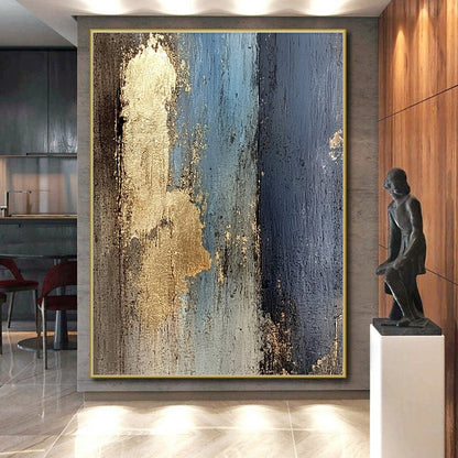 Large Abstract Art For Sale With Blue, Black, Gold Textured Accents On Canvas PT184