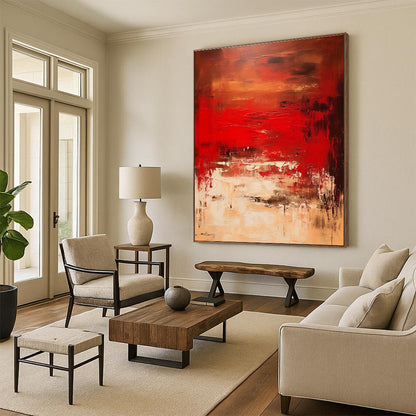Hand Painted Art Red Beige Abstract Textured Landscape Acrylic Painting PT461