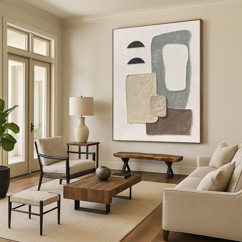 Handmade Art Beige, Gray, Brown and Black Textured Abstract Collage, Large Contemporary Wall Art PT556