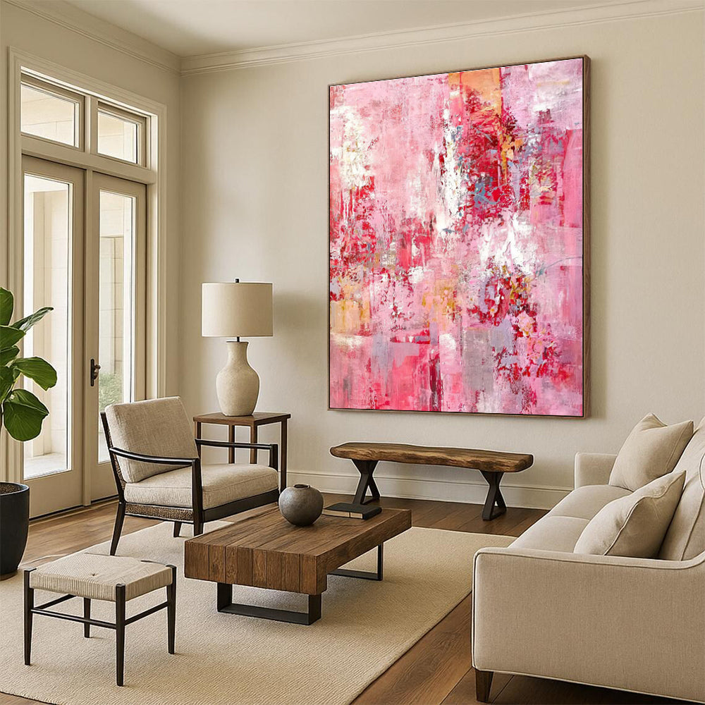 Hand-Painted Pink Red Abstract Expressionist Acrylic Art PT345
