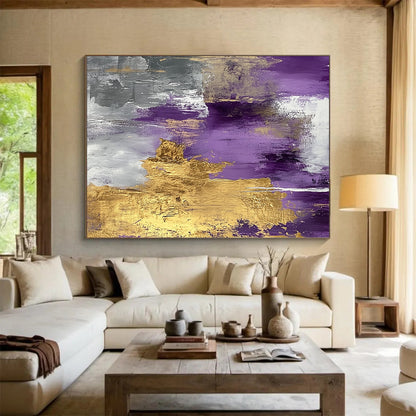 Hand Painting Purple, Gold & Gray Textured Abstract Painting On Canvas PT112