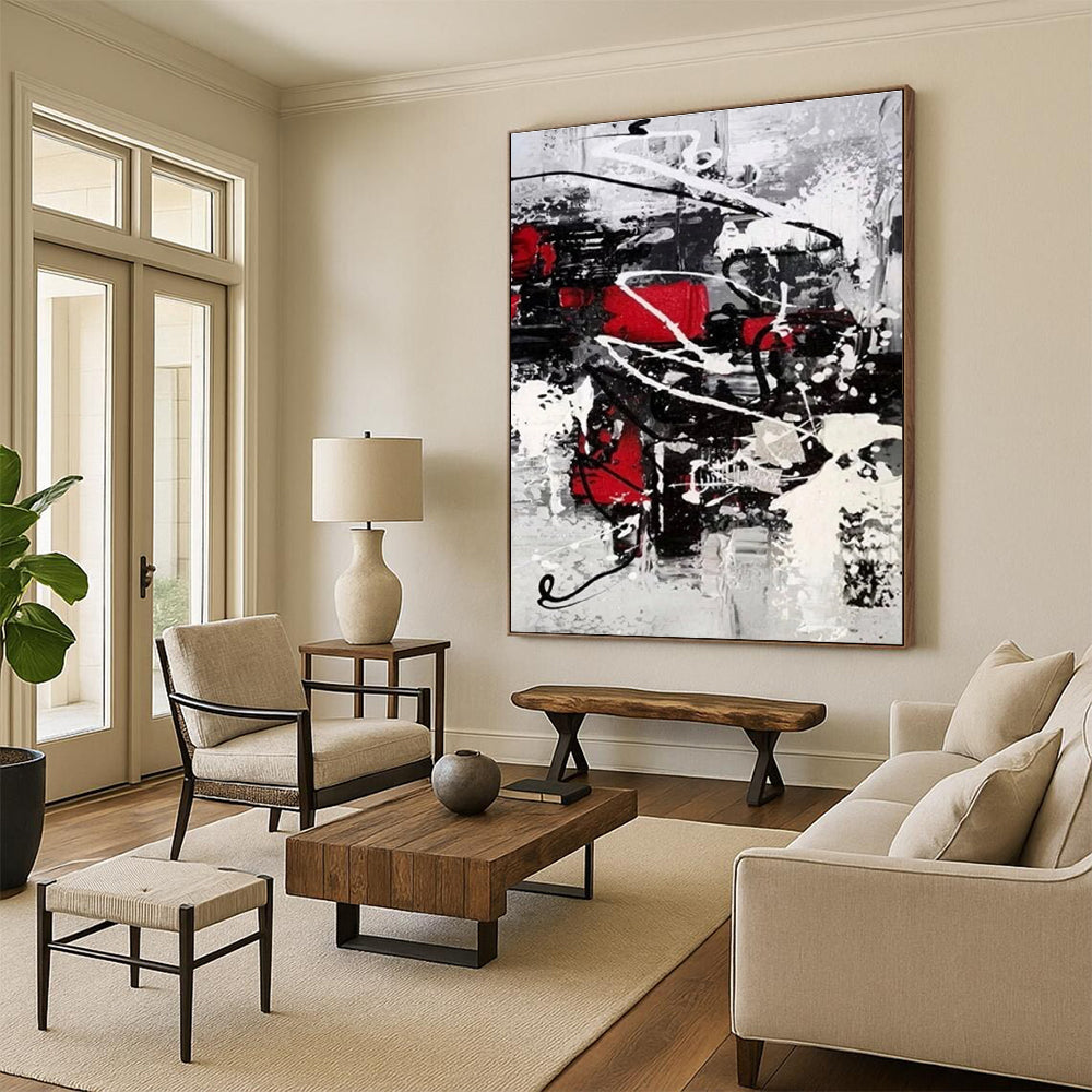 Cool Abstract Paintings in Red, Black, White, and Grey Abstract Splatters and Lines Painting PT270