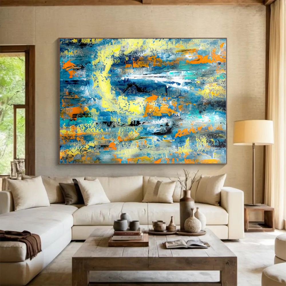 Modern Art Acrylic Blue, Yellow, and Orange Textured Abstract Art PT729