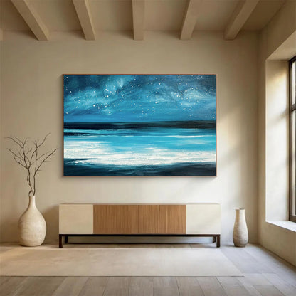 Hand Painted Art Vibrant Blue Starry Sea Abstract On Canvas HPS036