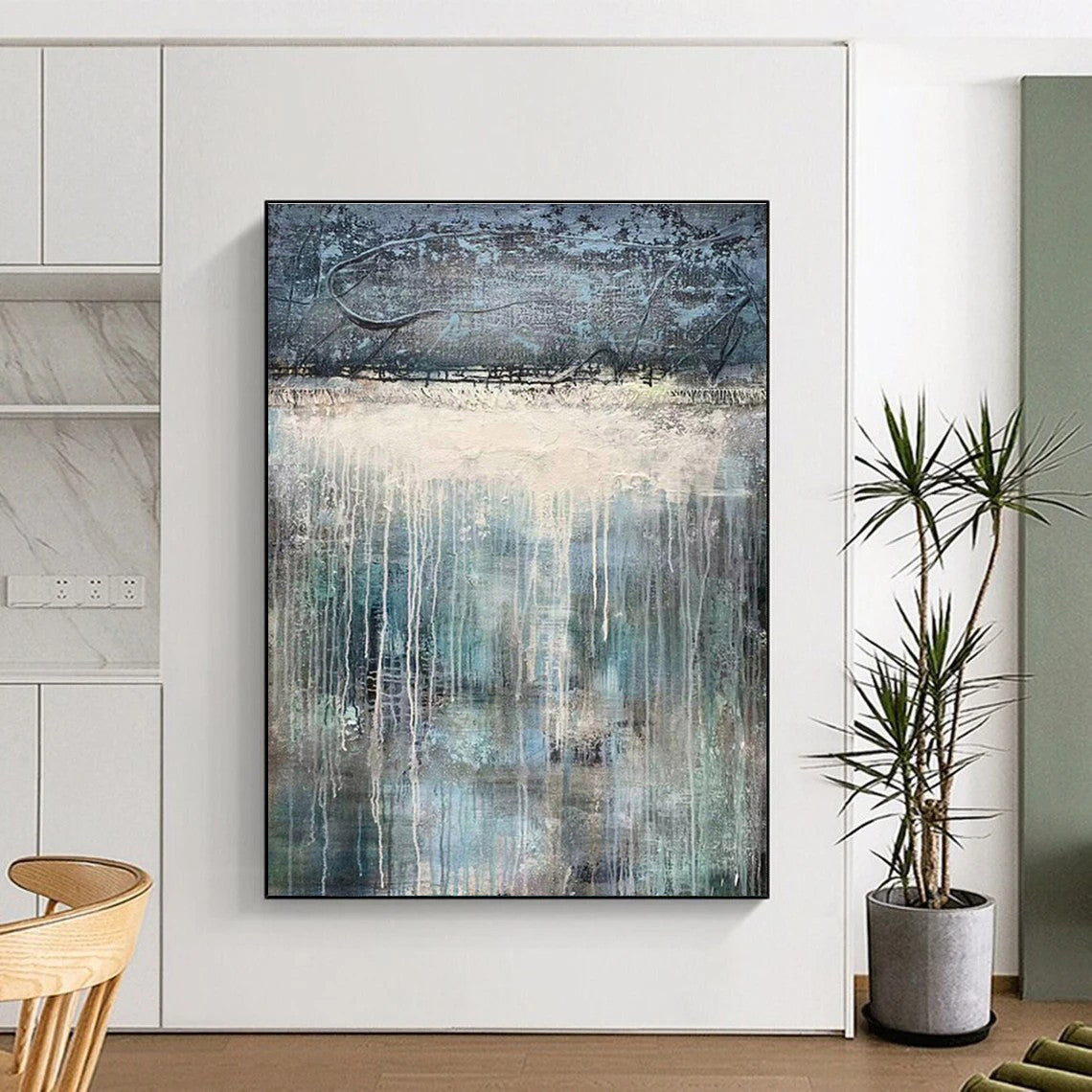 Large Painting In Living Room Blue, Gray, and White Textured Abstract Landscape Art DPS470