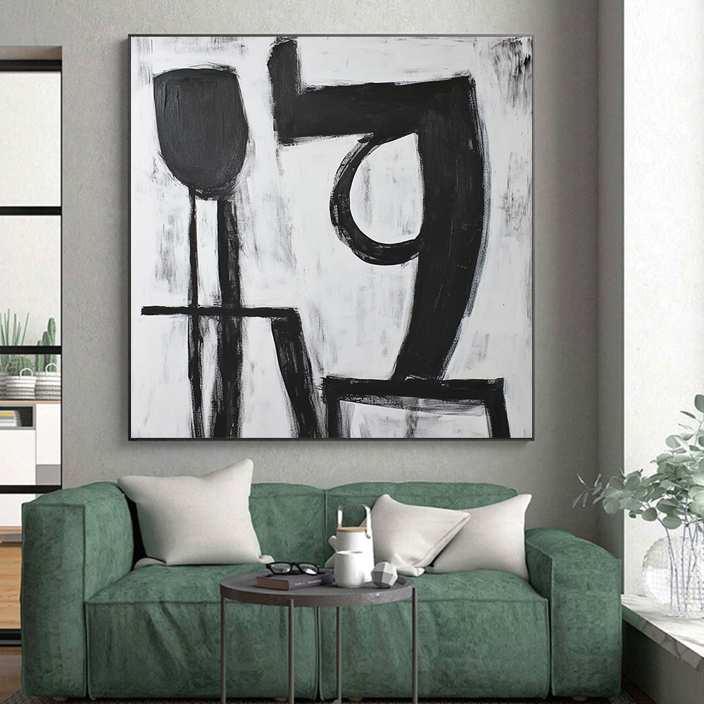 Affordable Large Abstract Wall Art With Black, White Geometric Shapes On Canvas PT194