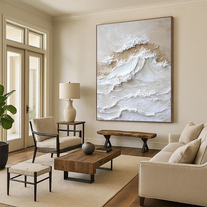 Oversized Abstract Wall Art Beige White Textured Wave Acrylic Art PT450
