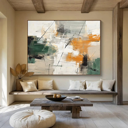 Acrylic Modern Art Paintings Green, Orange & White Abstract Dynamic Art HPS213