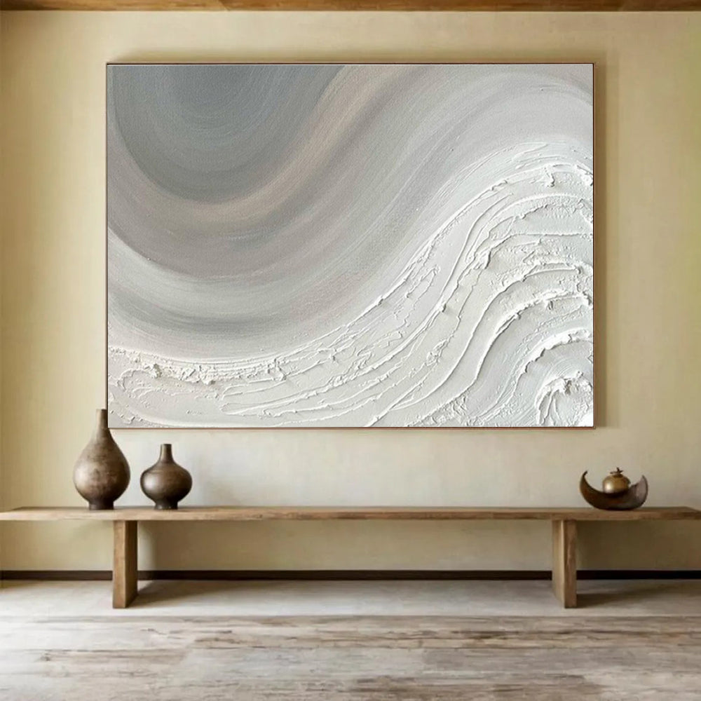 Huge Size White and Gray Textured Abstract Wave Art HPS343