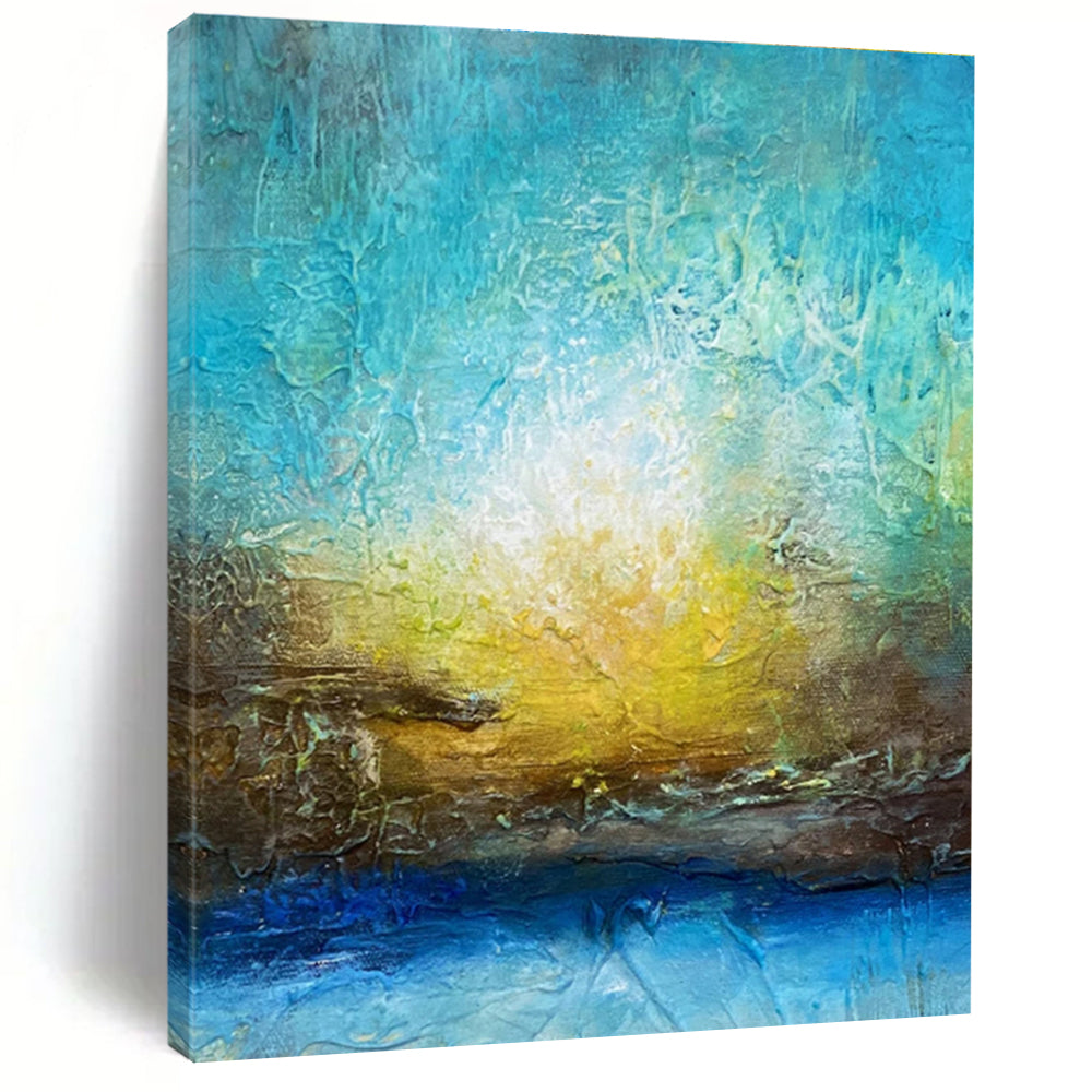 Cool Abstract Paintings with Turquoise, Yellow, and Blue, Hand-Painted Modern Art PT290