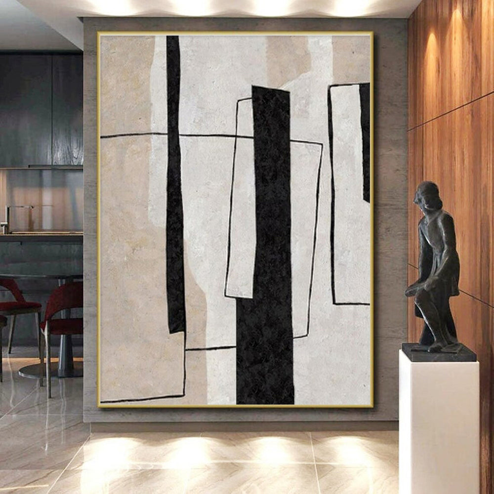 Modern Art Acrylic Black, Beige, and White Geometric Abstract Art PT697