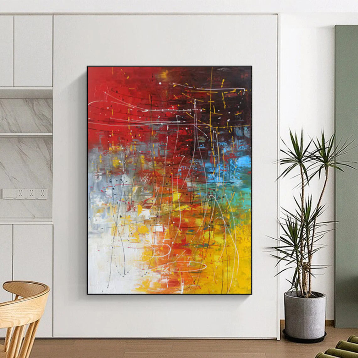 Oversized Abstract Wall Art in Red, Yellow, Blue, Green, and White Abstract Lines and Shapes PT249